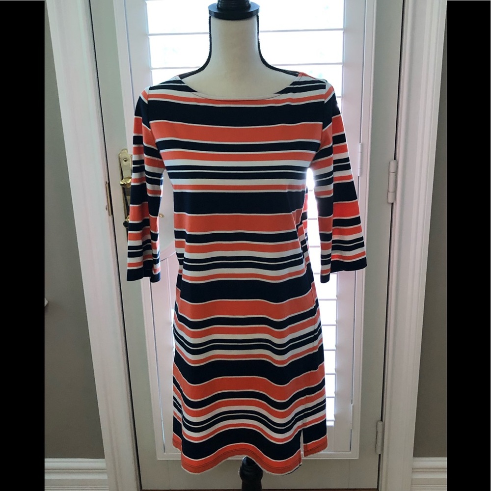 TRINA TURK orange/navy/ white striped dress small